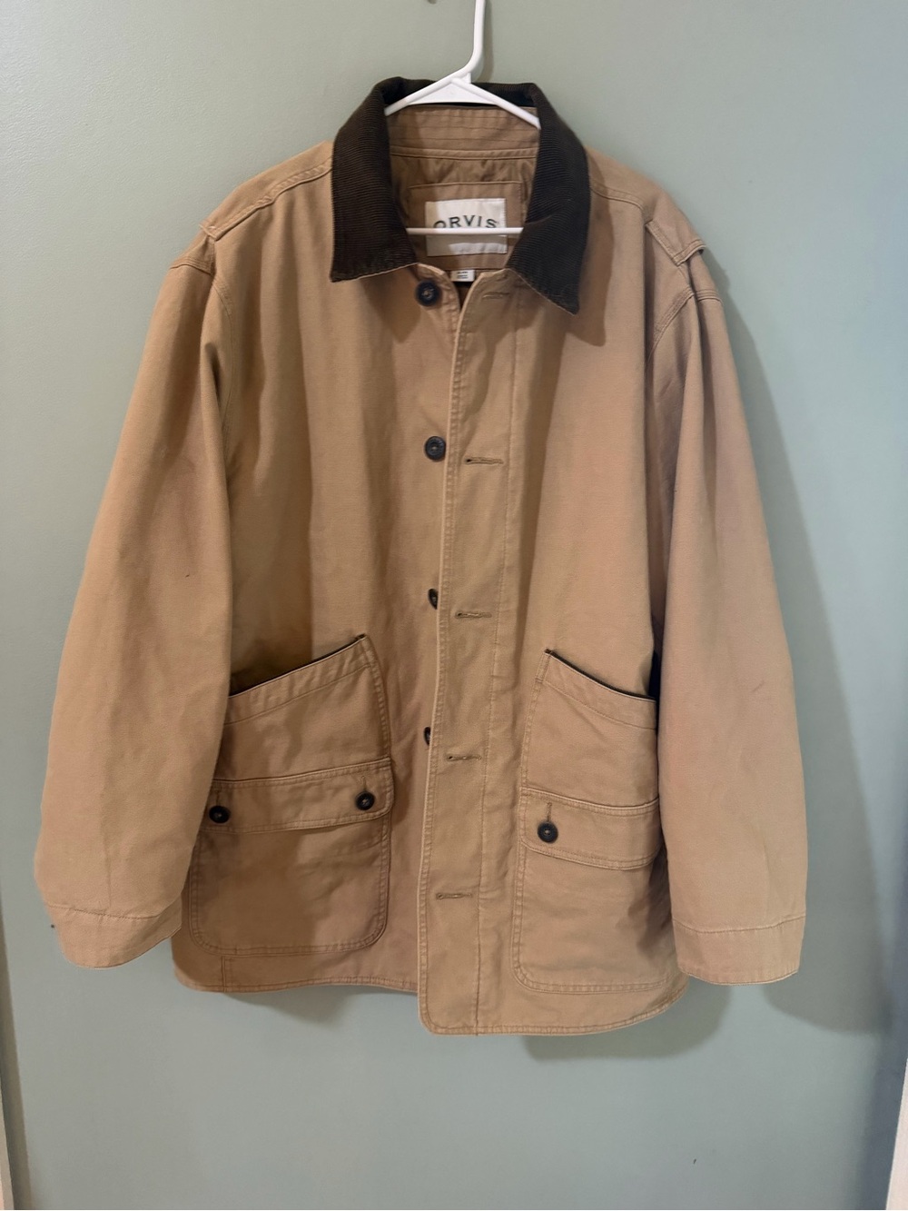 Orvis Mens extra Large Field Coat Jacket Tan 100% Cotton Buttons Quilted Lined